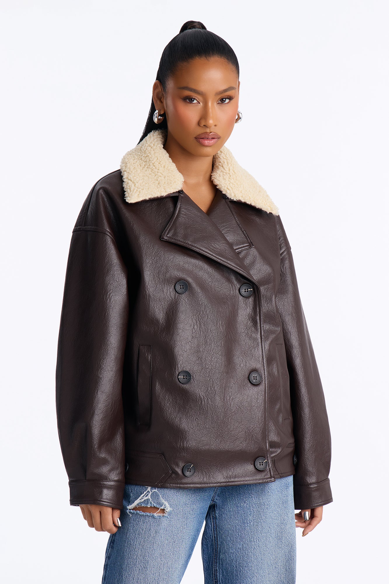 Fia Fur Trim Faux Leather Coat - Chocolate