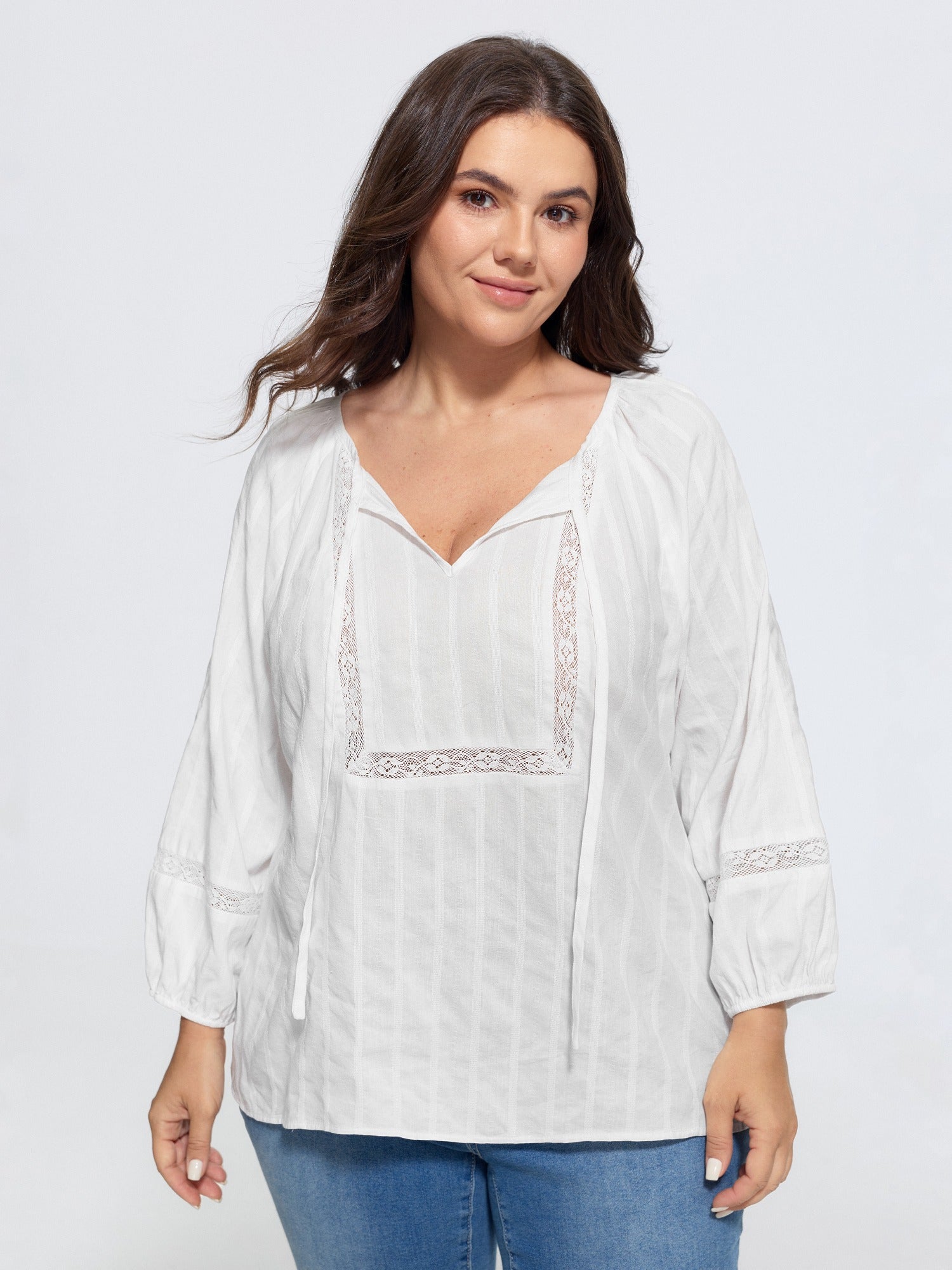 Supersoft Crochet Lace V Neck Drawstring Blouse