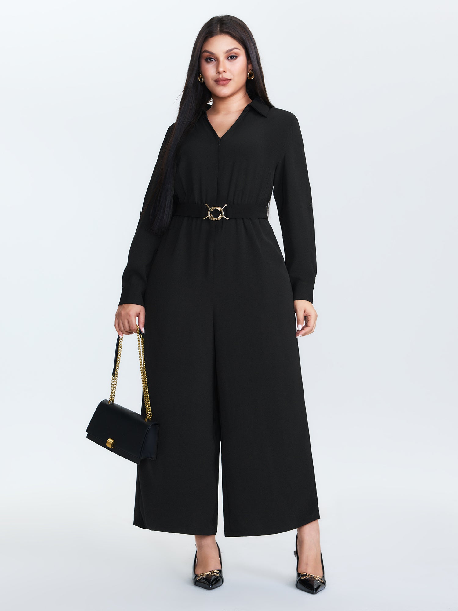 Belted Collar Stretchy Waist Jumpsuit