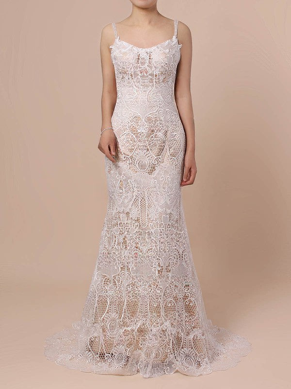 Stylish Mermaid Scoop Sleeveless Backless Lace Sweep Train Wedding Dresses