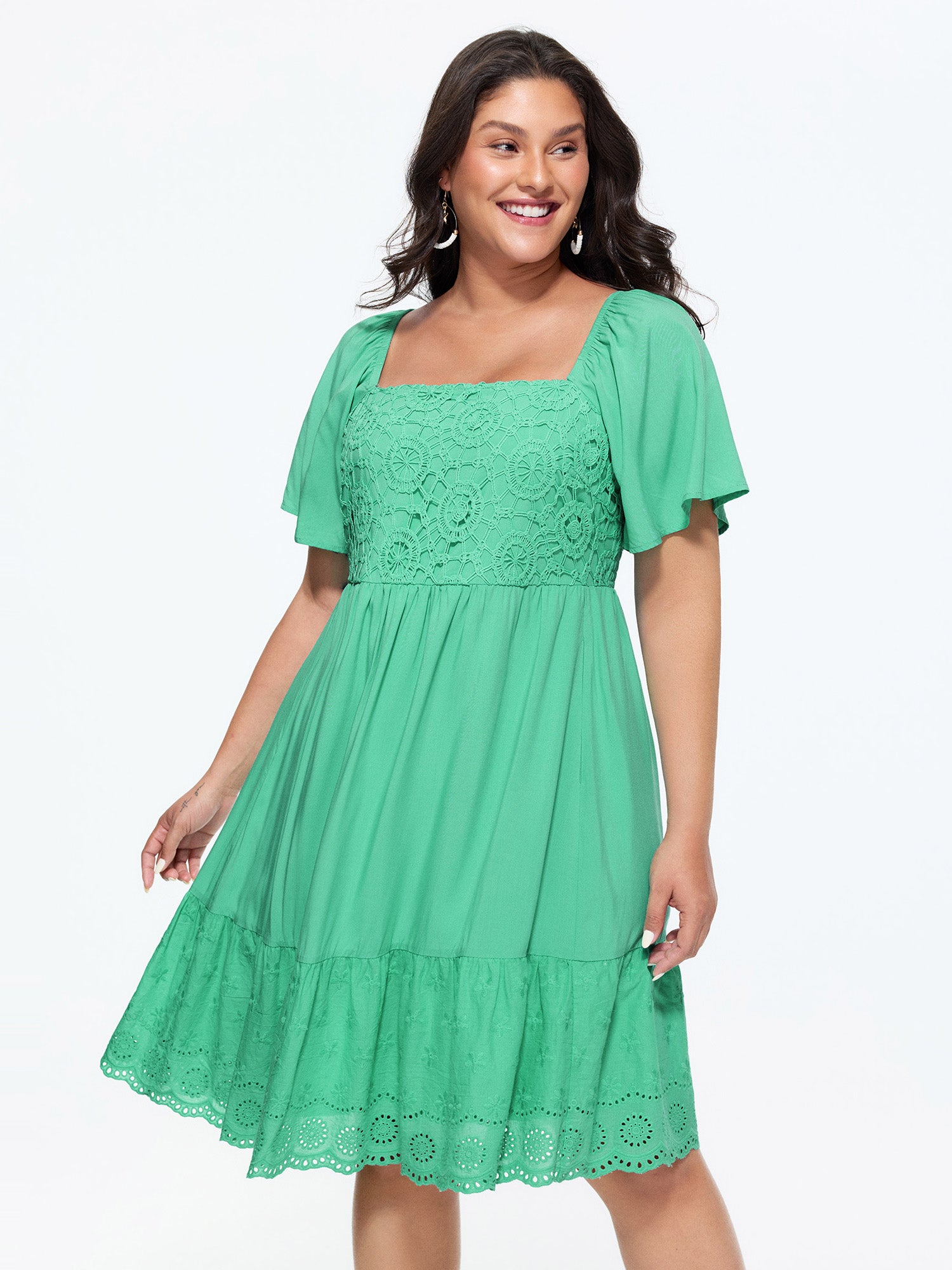 Shirred Bodice Flared Sleeve Lace Hem Mini Dress