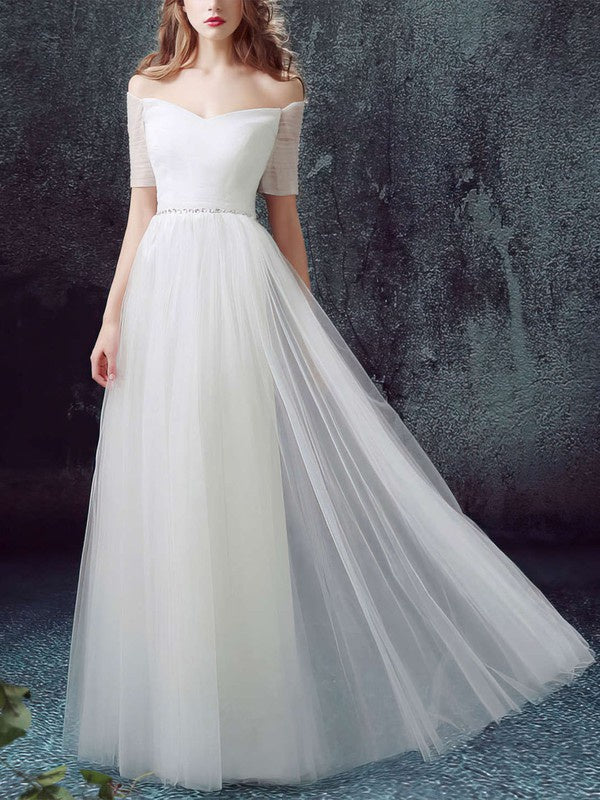 Chic A-Line Off-The-Shoulder Half Sleeves Tulle Floor-Length Wedding Dresses