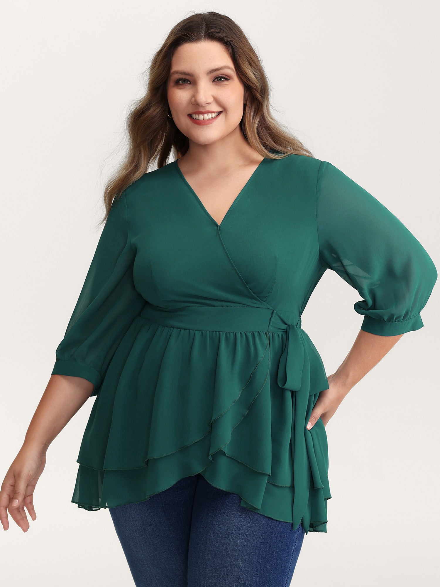 Layered Ruffled Hem Side-Tie Blouse