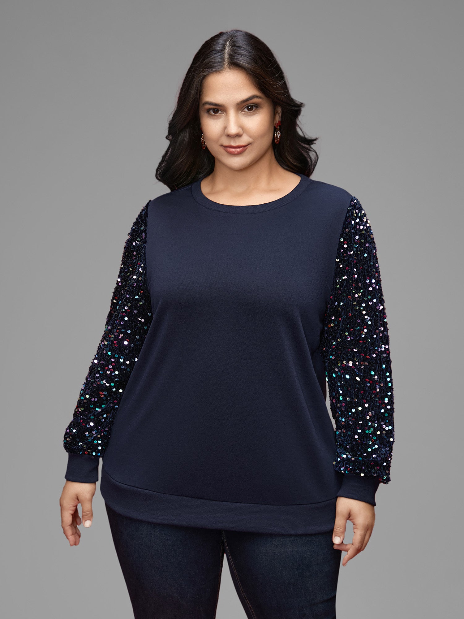 Sequin Sleeves Velvet Panel Sweatshirt