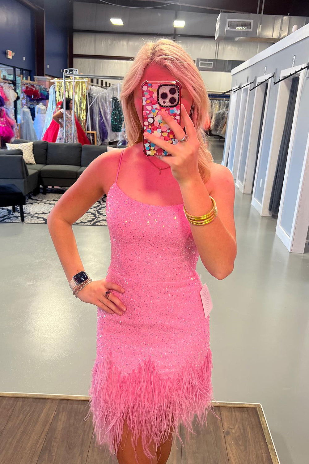 Glitter Pink Sequins Tight Short Homecoming Dress/Mini Dress With Feathers