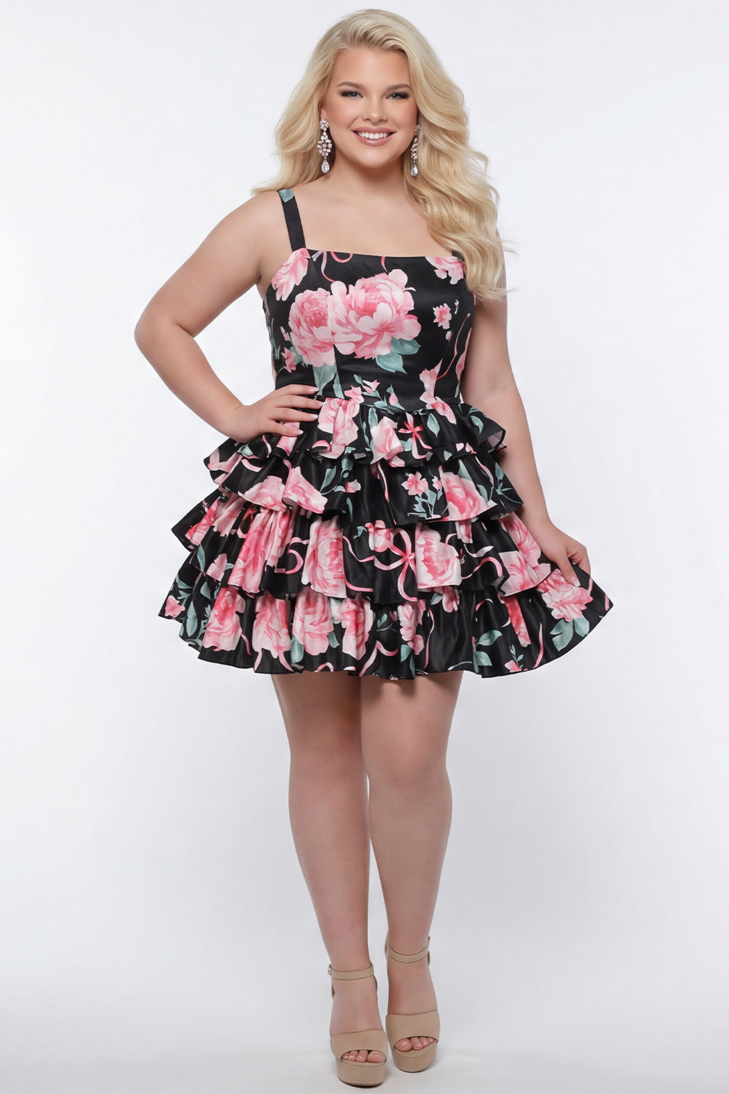 Sydney's Closet SC8174 Floral Satin Tiered A-Line Cocktail Dress