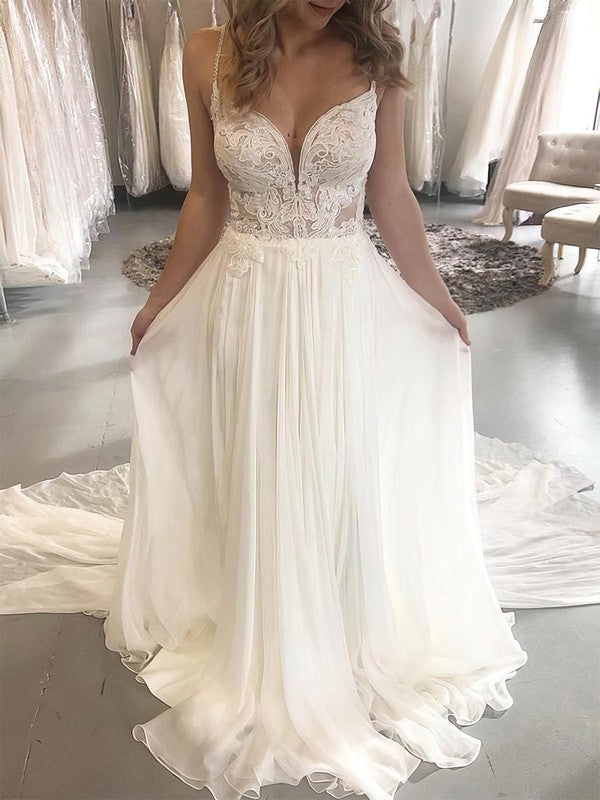 Beautiful A-Line V-Neck Spaghetti Straps Chiffon Sleeveless Wedding Dresses