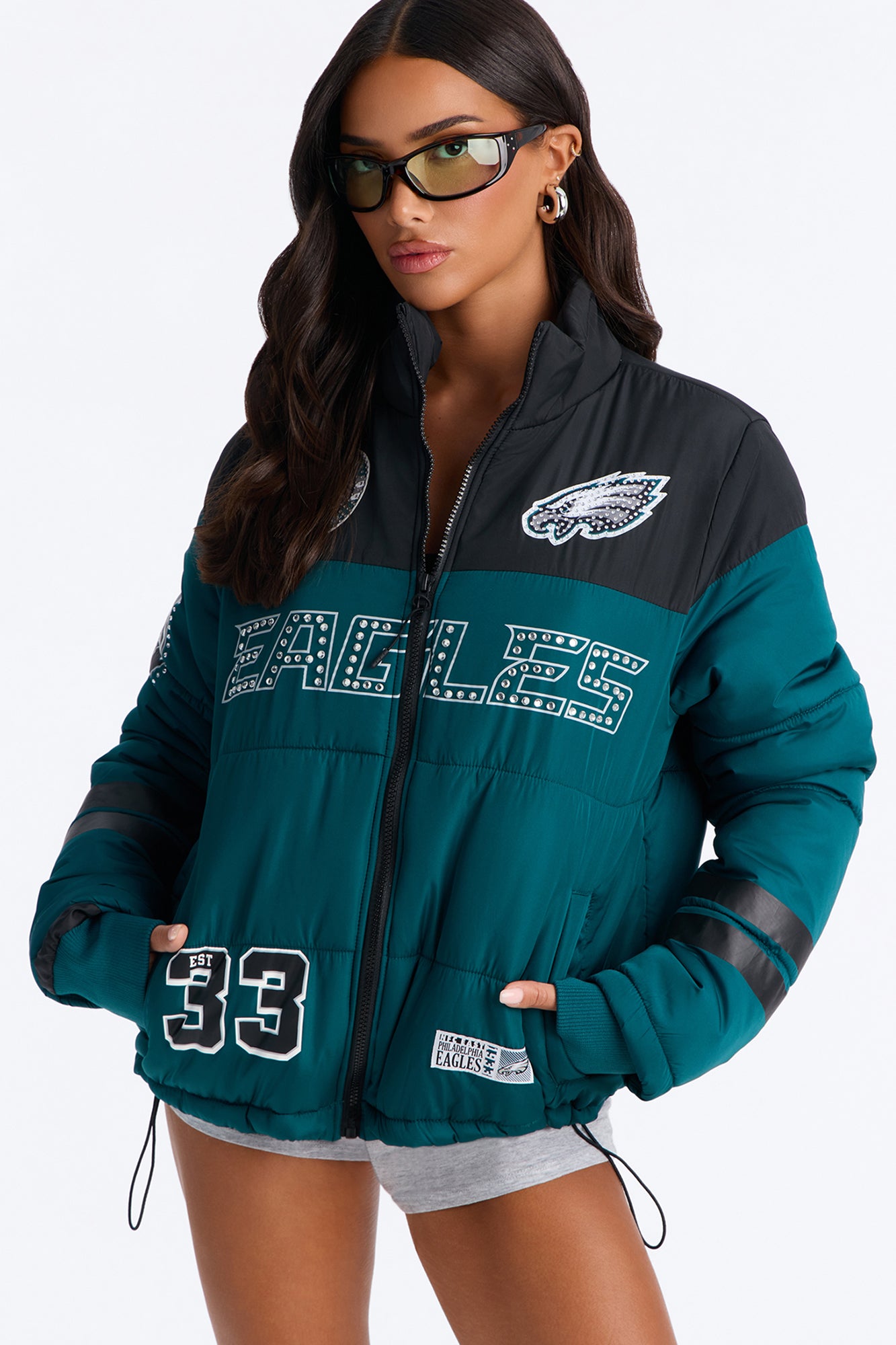 NFL Philadelphia Eagles Rhinestone Trim Puffer Jacket - Green