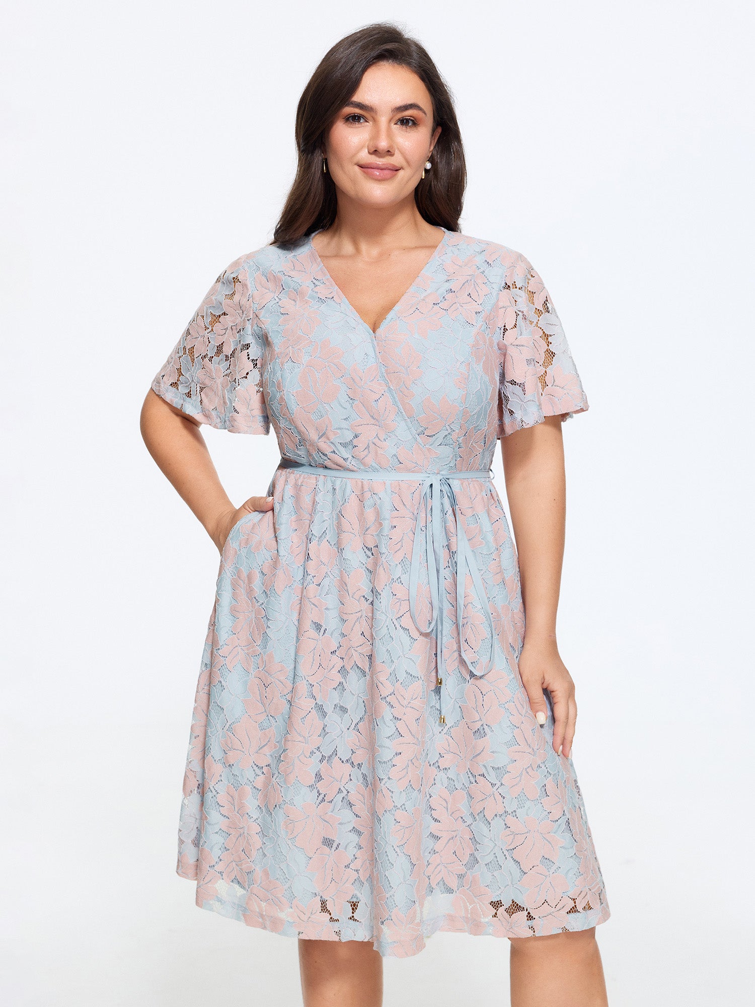 Crochet Lace Mesh Waist-Tie Midi Dress