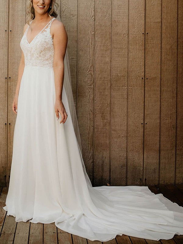 Stunning A-Line V-Neck Chiffon Court Train Wedding Dresses