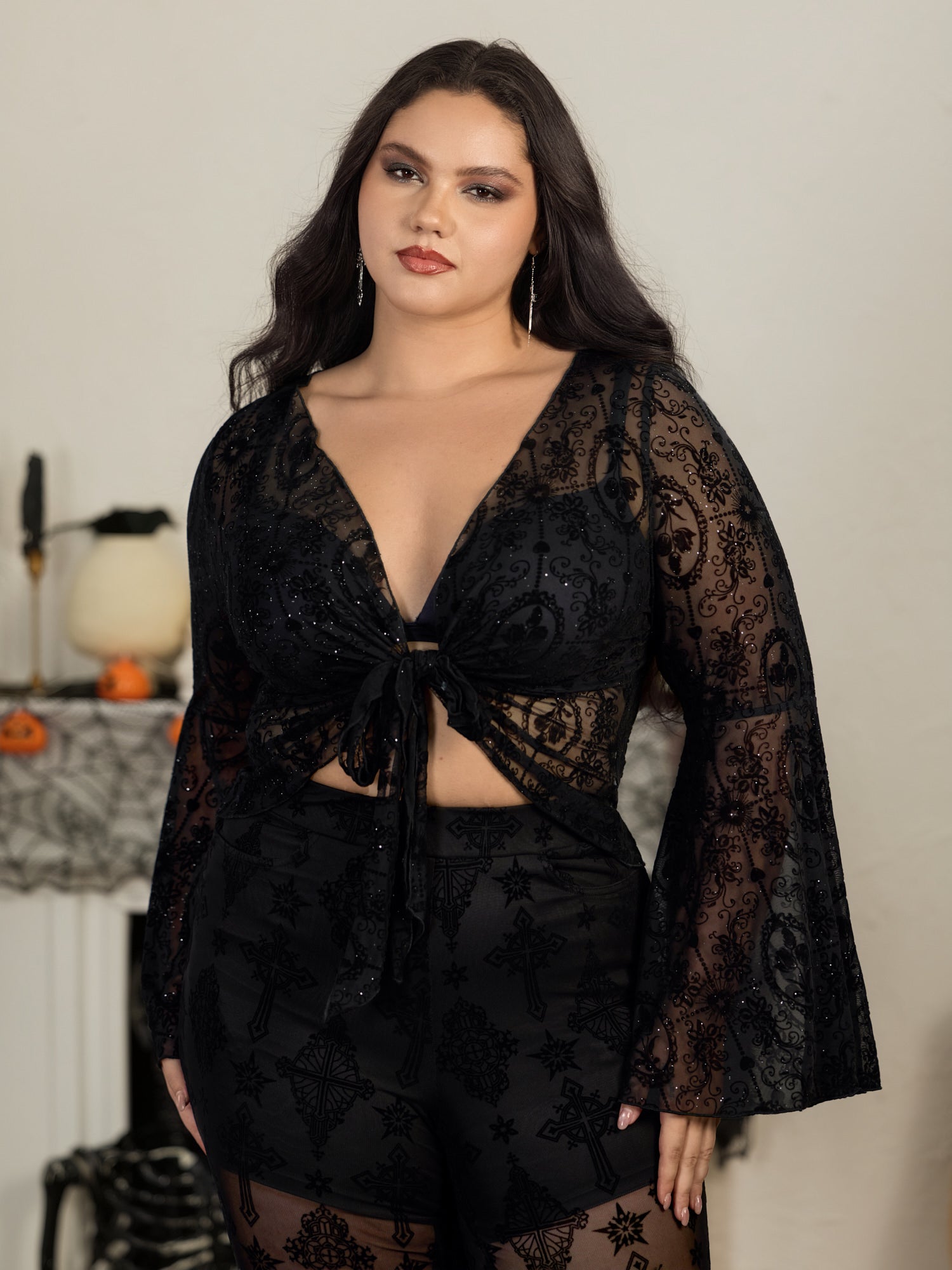 Glitter Mesh Floral Flocked Tie‑Front Cropped Top