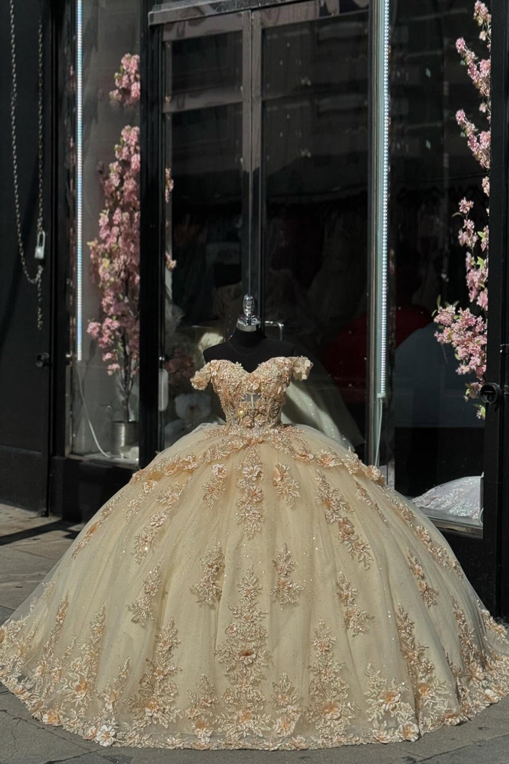 Golden Sparkle Off-the-Shoulder Ball Gown with Ruffle Tulle and Sequined Appliques for Quinceanera