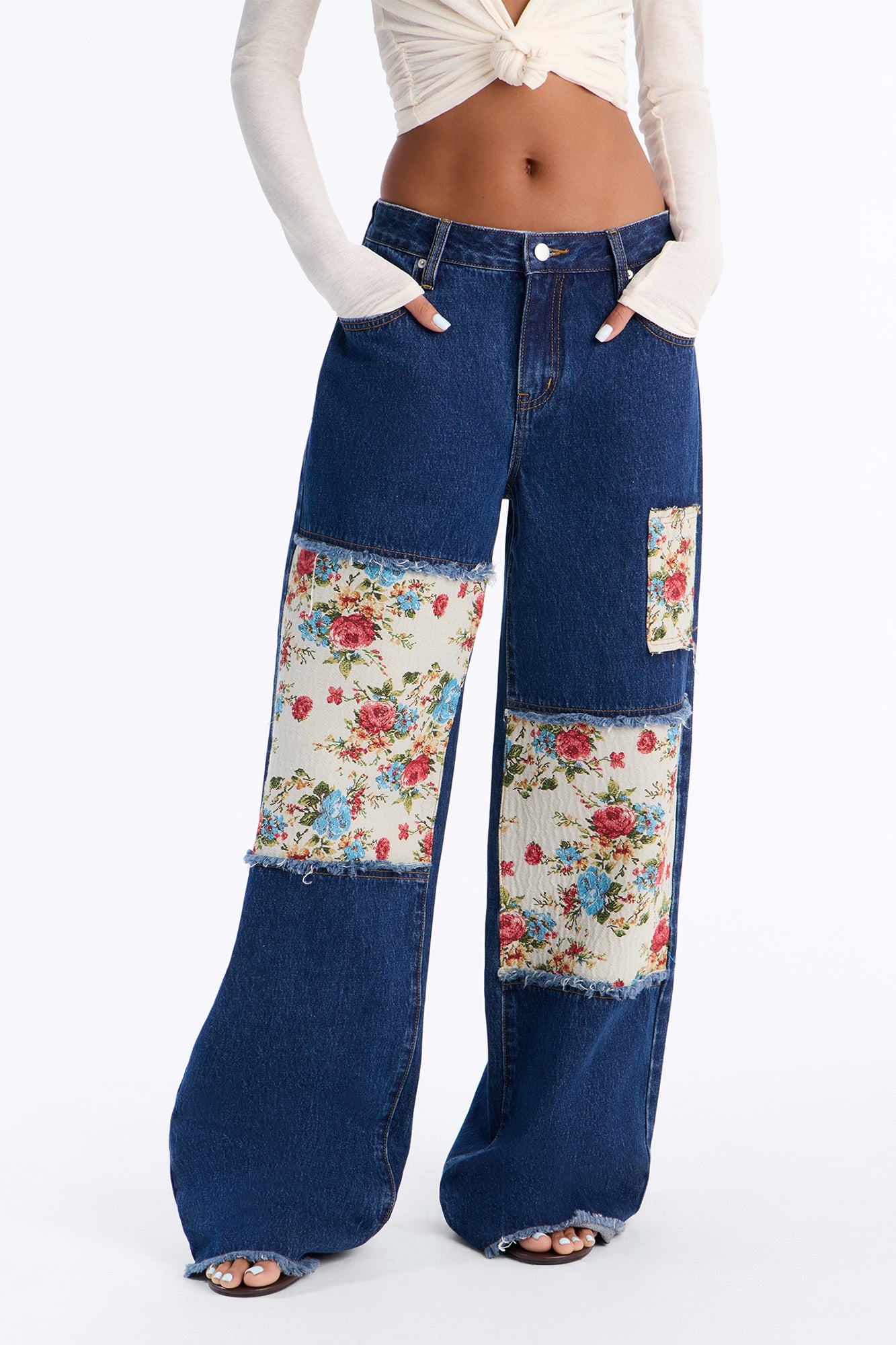 Watch Me Bloom Tapestry Panel Wide Leg Jeans - Dark Wash