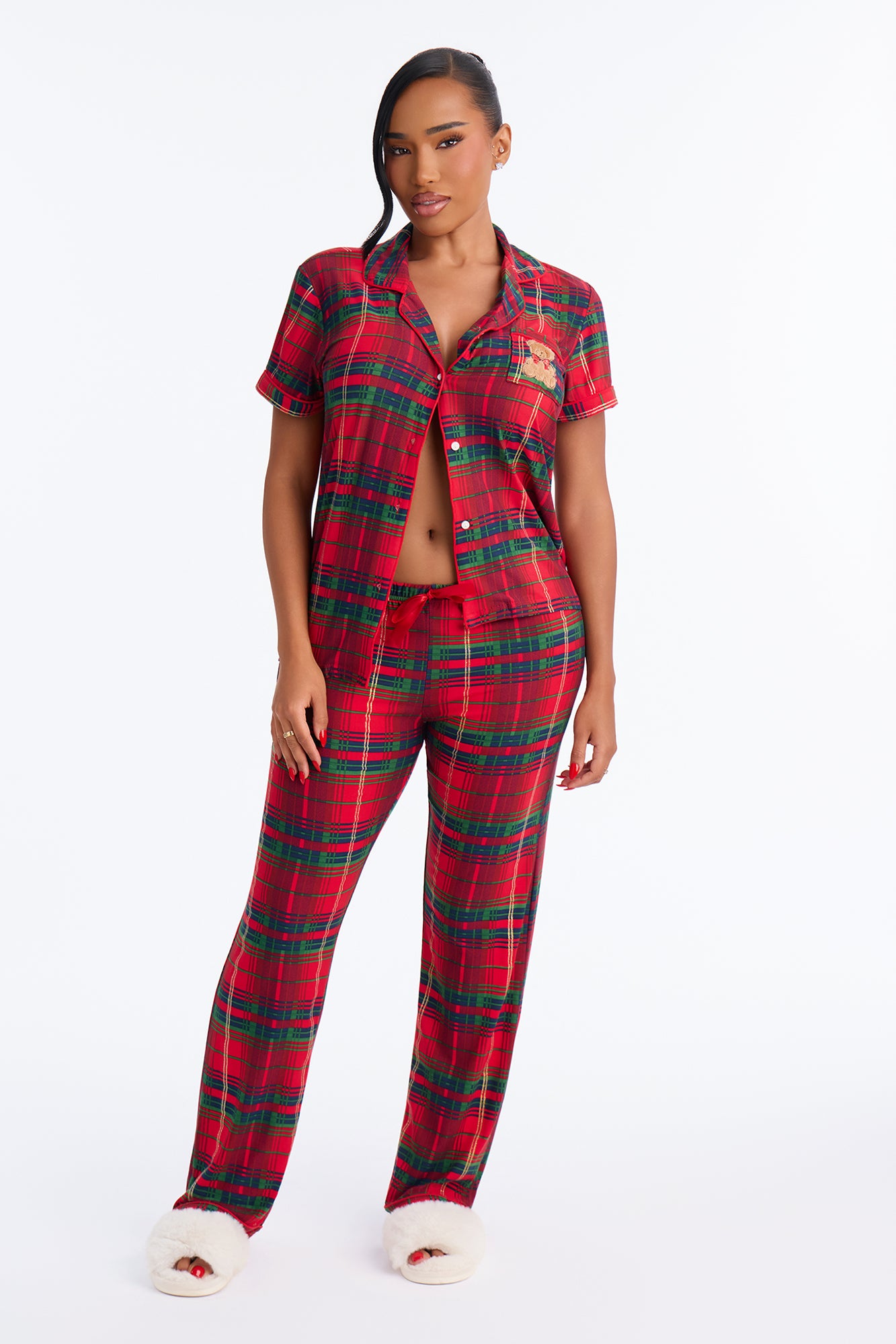 Late Night Sleep Plaid Short Sleeve PJ Pant Set - Red/combo