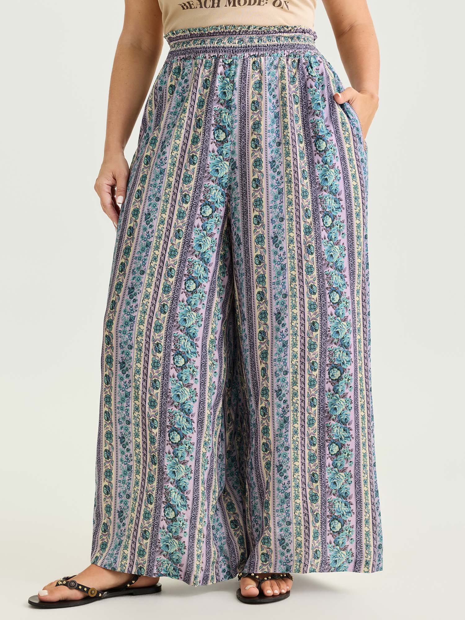 Striped Print Shirred Waist Wide-Leg Pants