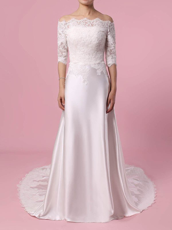 Beasutiful Bateau Off-The-Shoulder 3/4 Long Sleeves Column Lace Satin Court Train Wedding Dresses