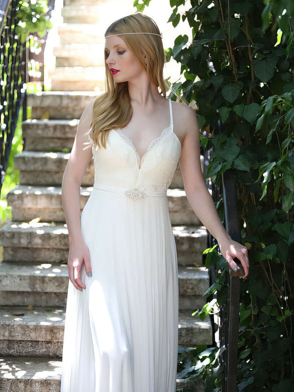 Elegant A-Line V-Neck Backless Chiffon Wedding Dresses with Sash