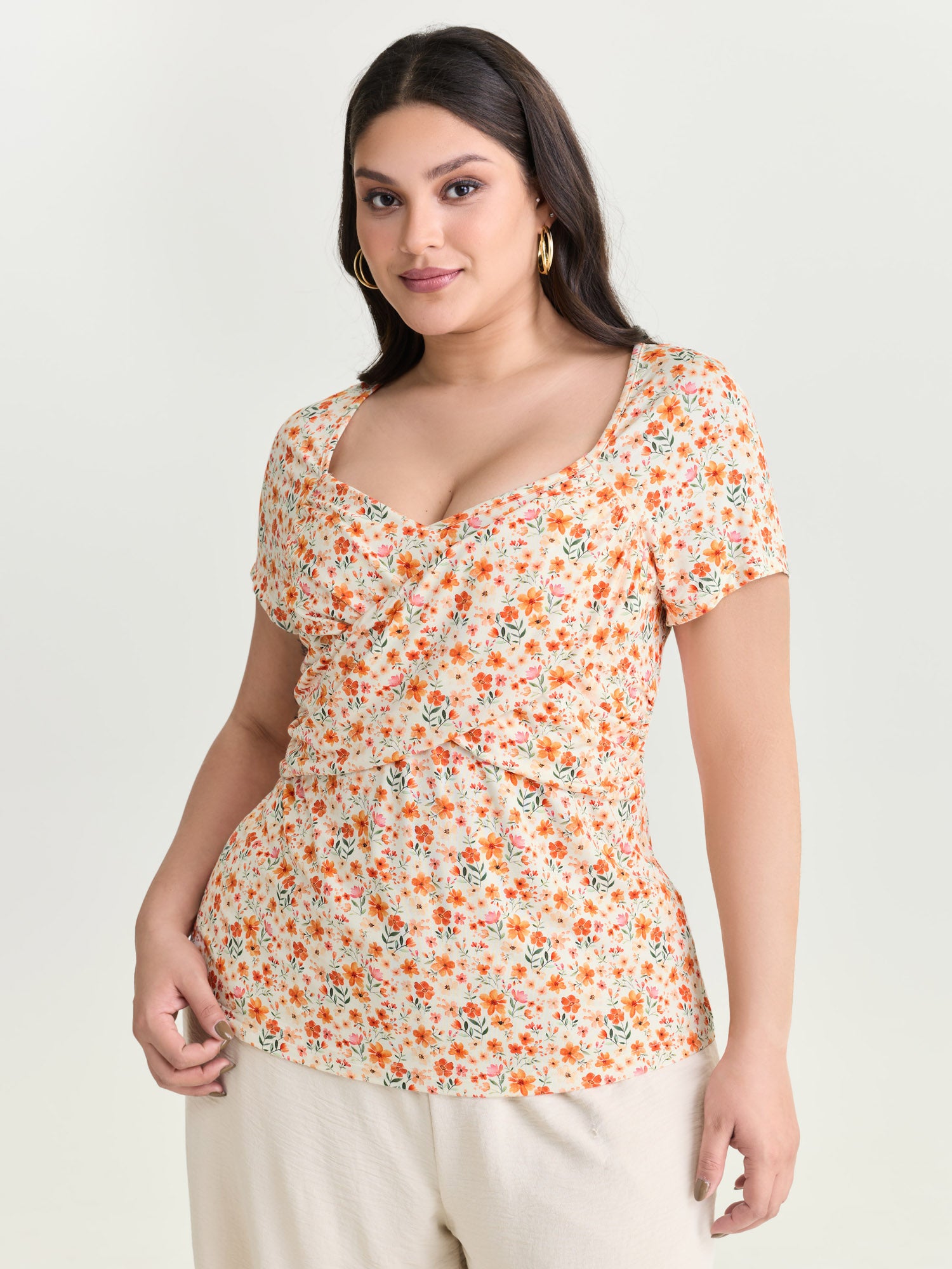 Floral Print Overlap Pleats Knit Top