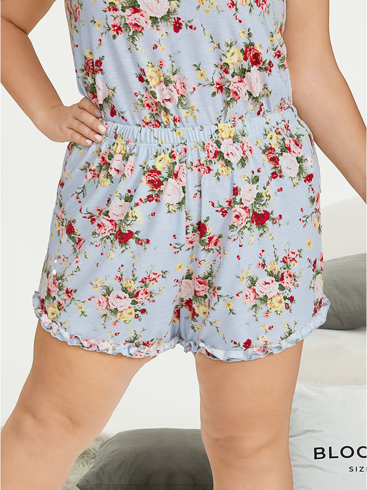 Floral Print Elastic Waist Frill Trim Pajama Bottoms