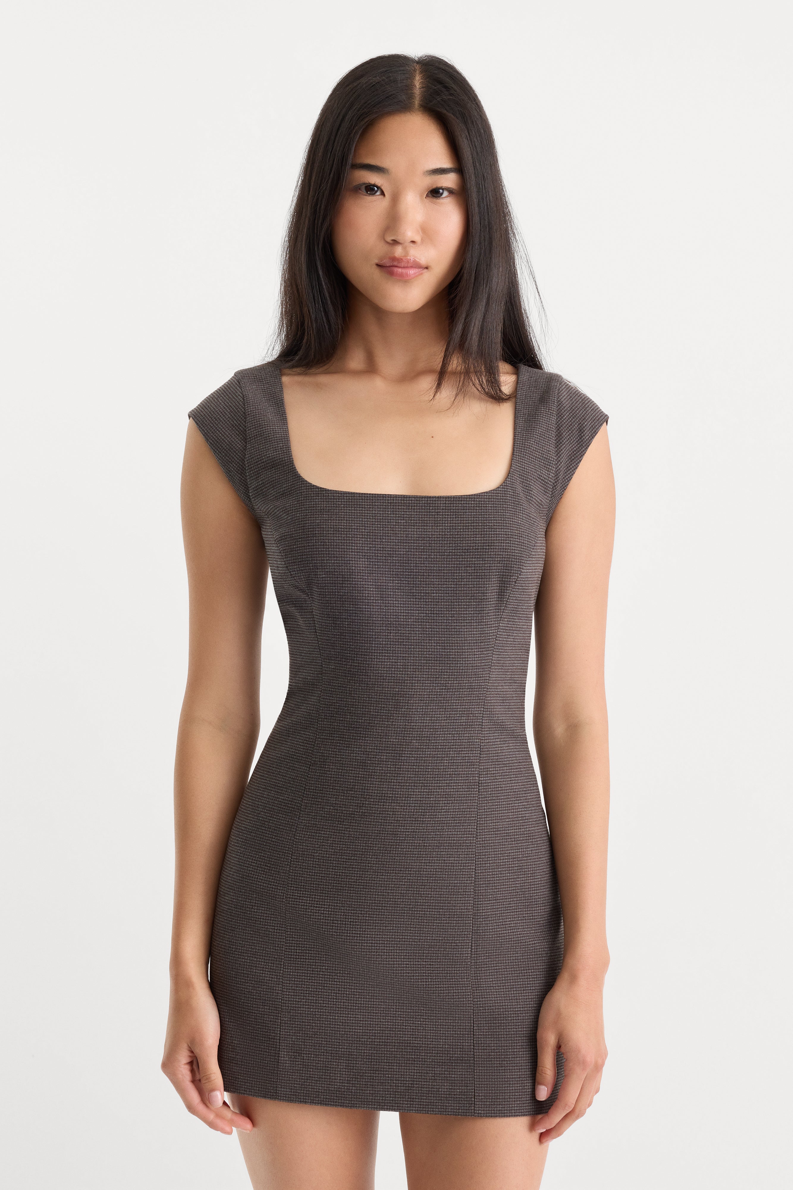 THE CAP SLEEVE MINI DRESS | CHARCOAL MINI HOUNDSTOOTH