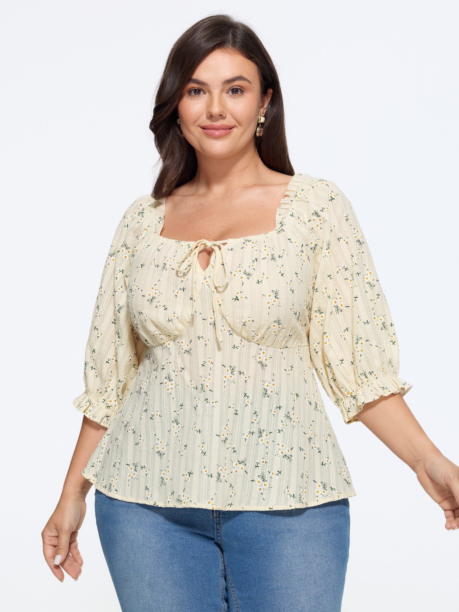 Cotton Ditsy Floral Print Square Neck Tie Front Blouse