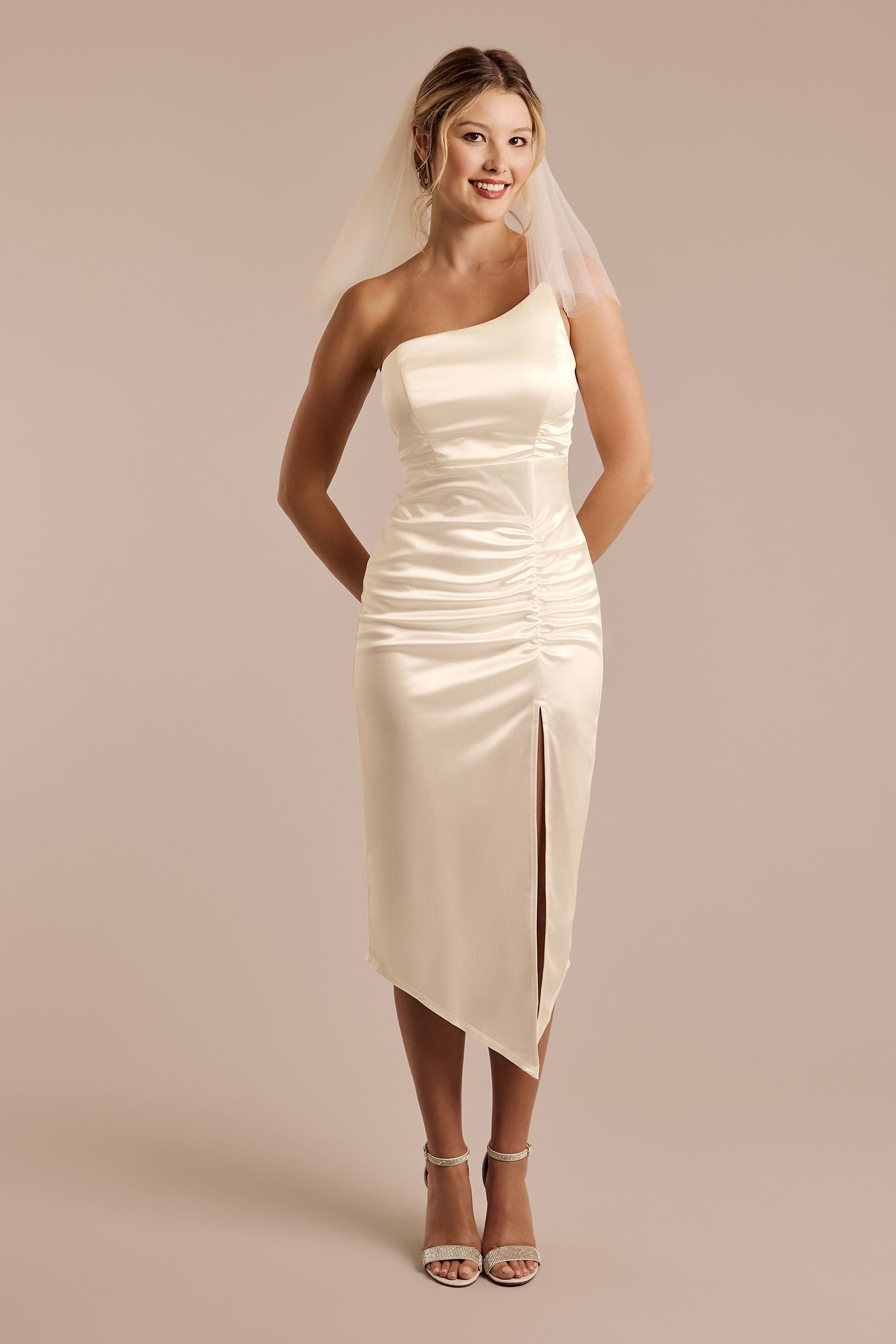 One-Shoulder Ruched Midi Dress