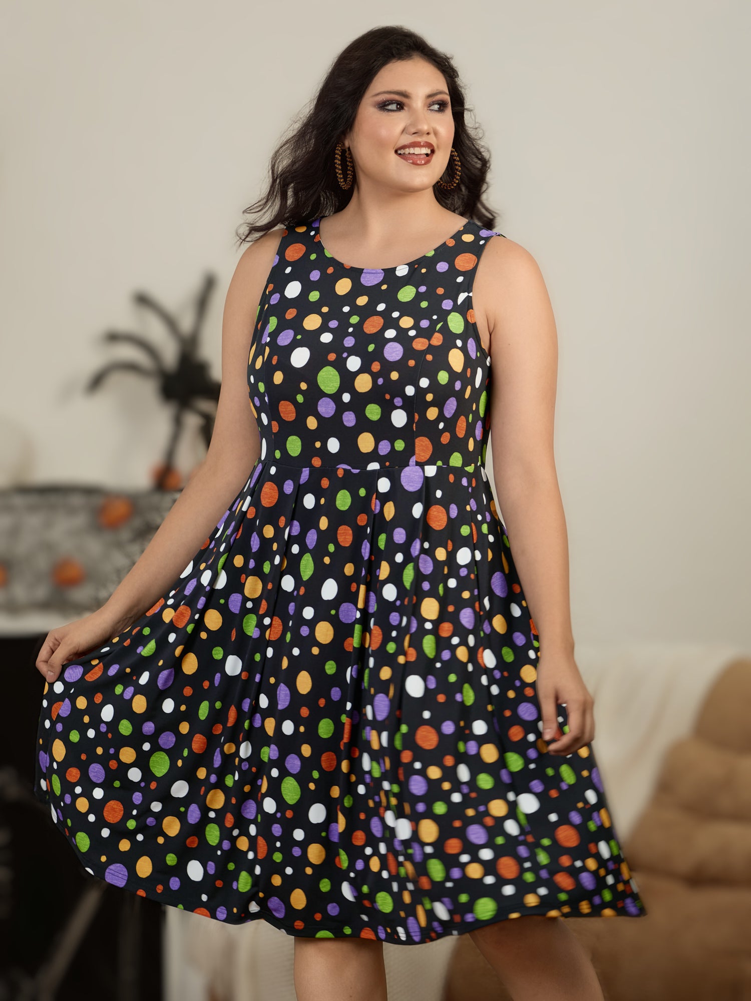Retro Colorful Polka Dot Sleeveless Midi Dress