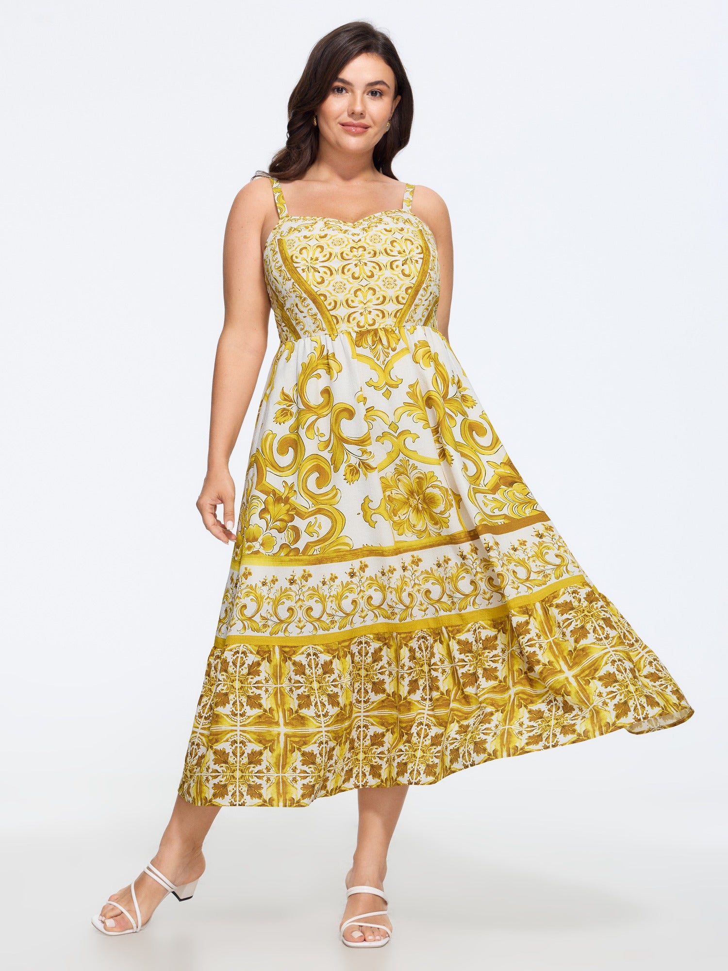 Baroque Floral Print Shirred Tiered Midi Dress
