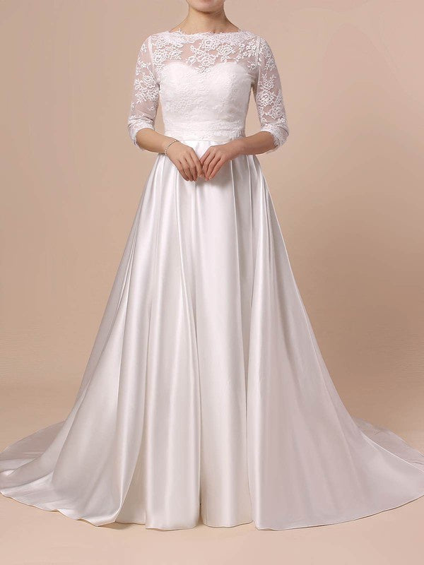 Elegant Bateau 3/4 Long Sleeves Ball Gown Lace Satin Sweep Train Wedding Dresses