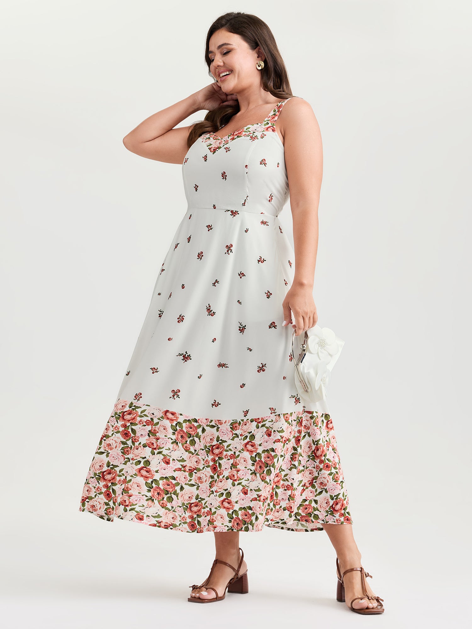 Cable Knit Floral Shirred Back Midi Dress