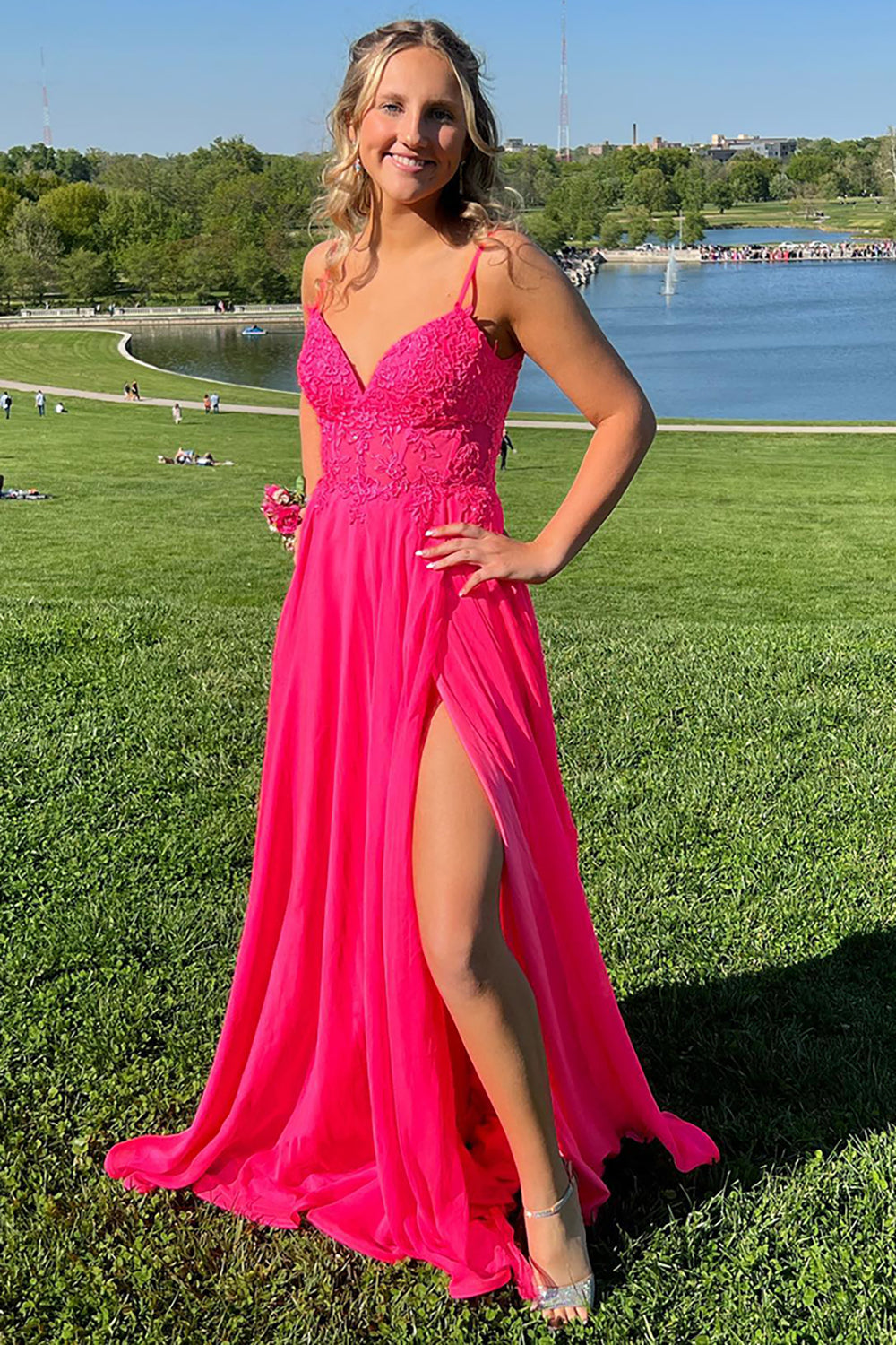 Long A-Line Chiffon Corset Prom Dress in Fuchsia with Spaghetti Straps and Appliques