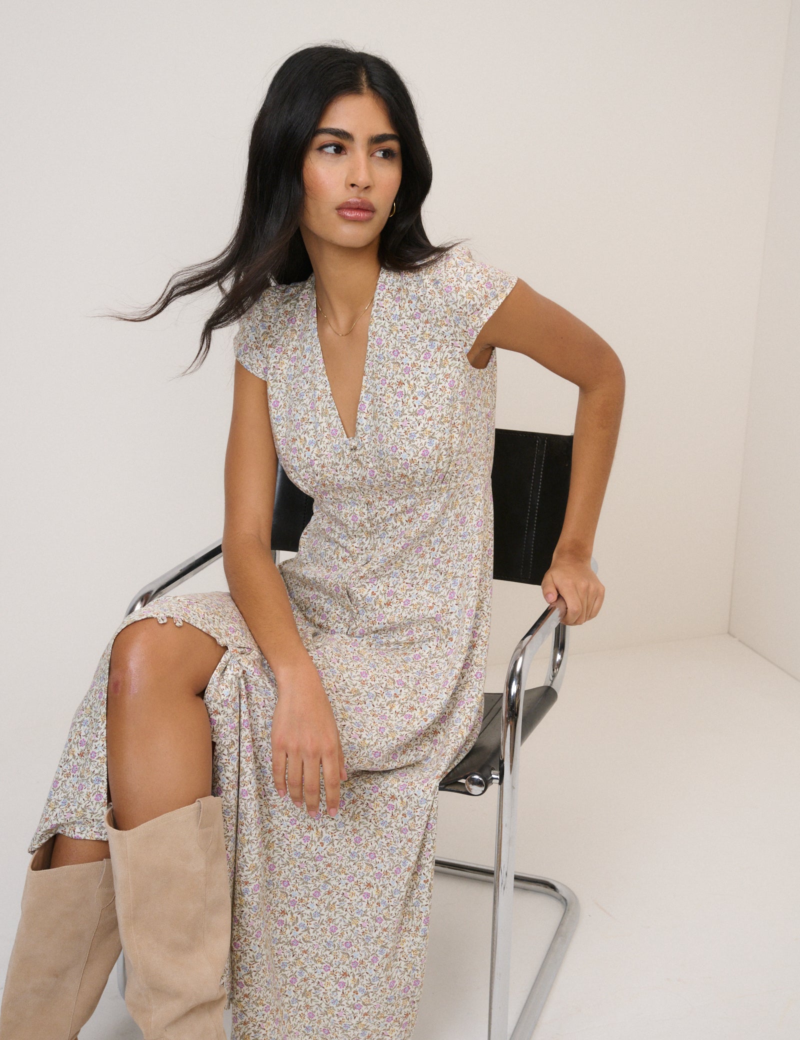 White Ditsy Floral Avery Midi Dress