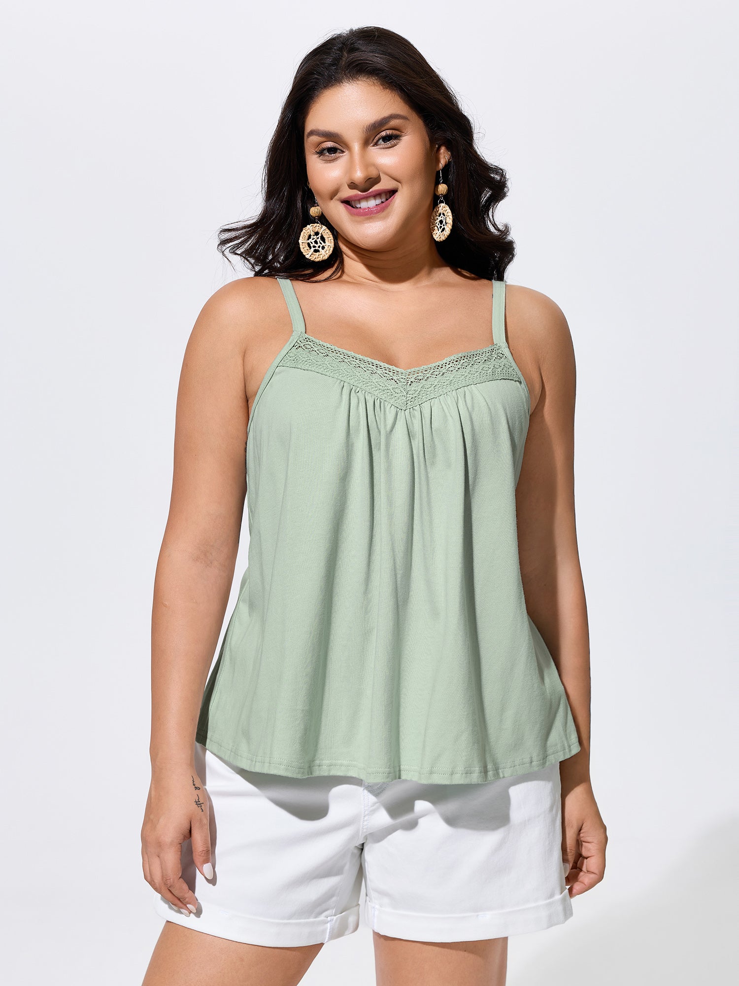 Cotton Lace Trim Flowy Plain Tank Top
