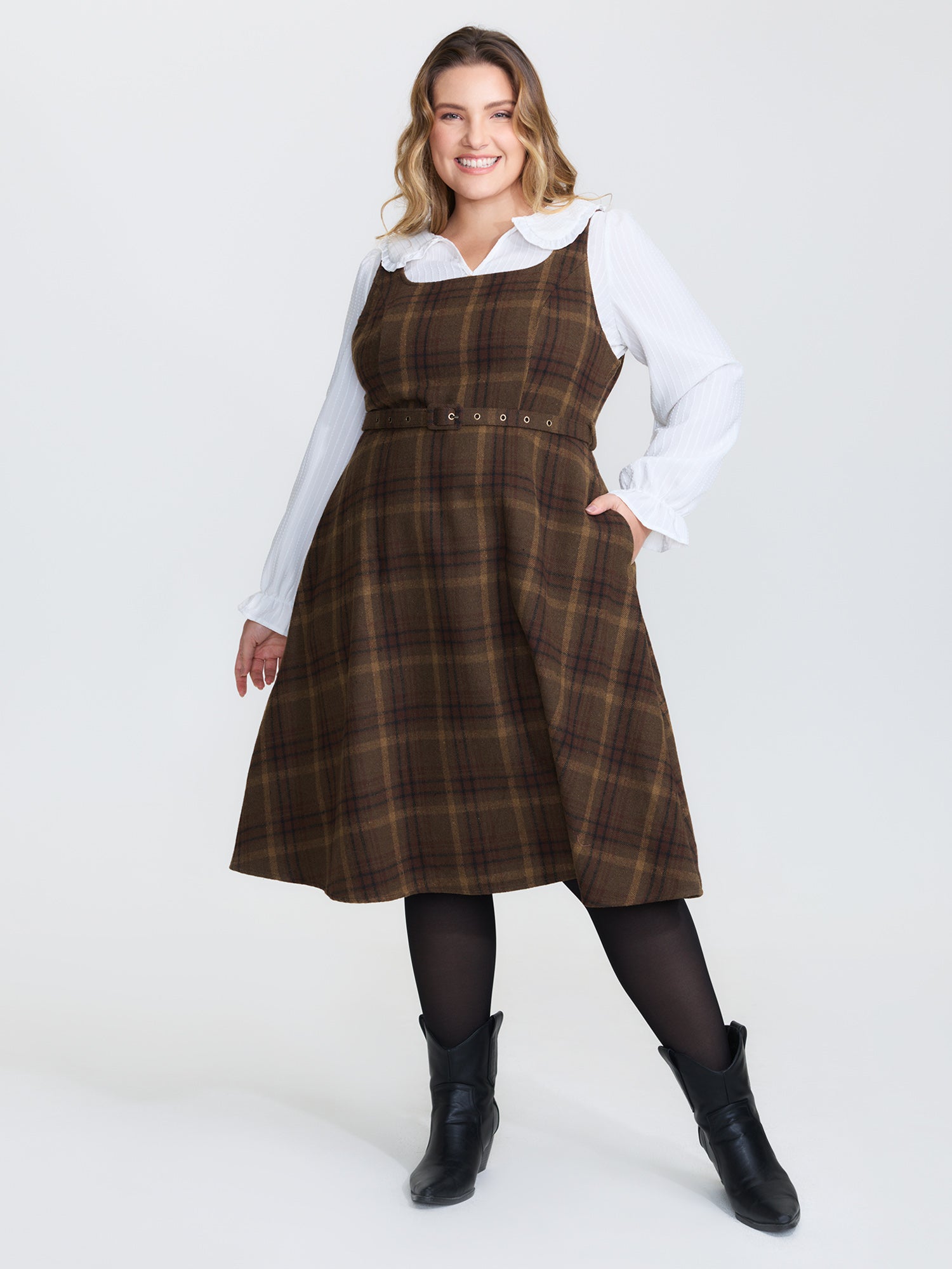 Plaid Pattern Adjustable Belt Midi Dress