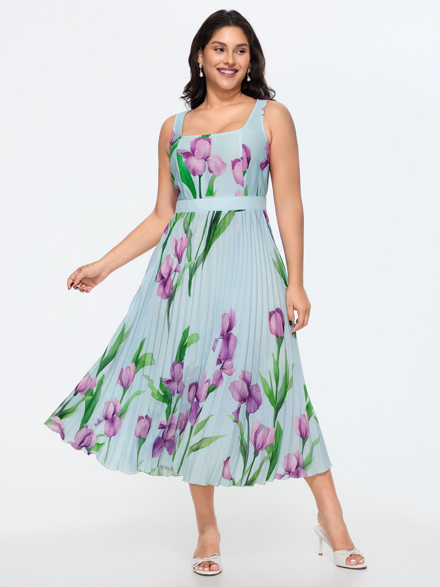 Floral Print Square Neck Sleeveless Pleated Midi Dress