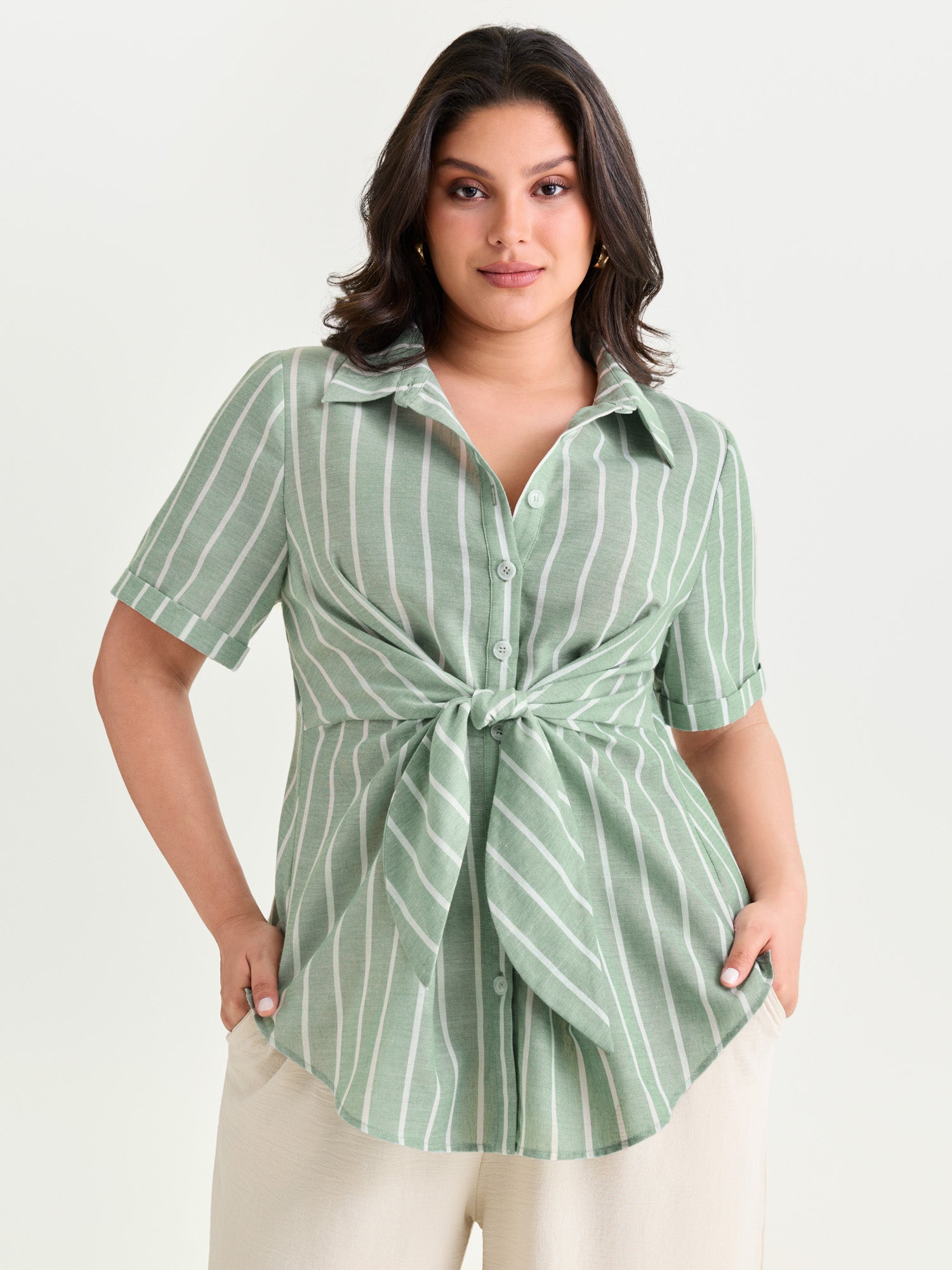 Striped Knotted Front Asymmetrical Hem Blouse