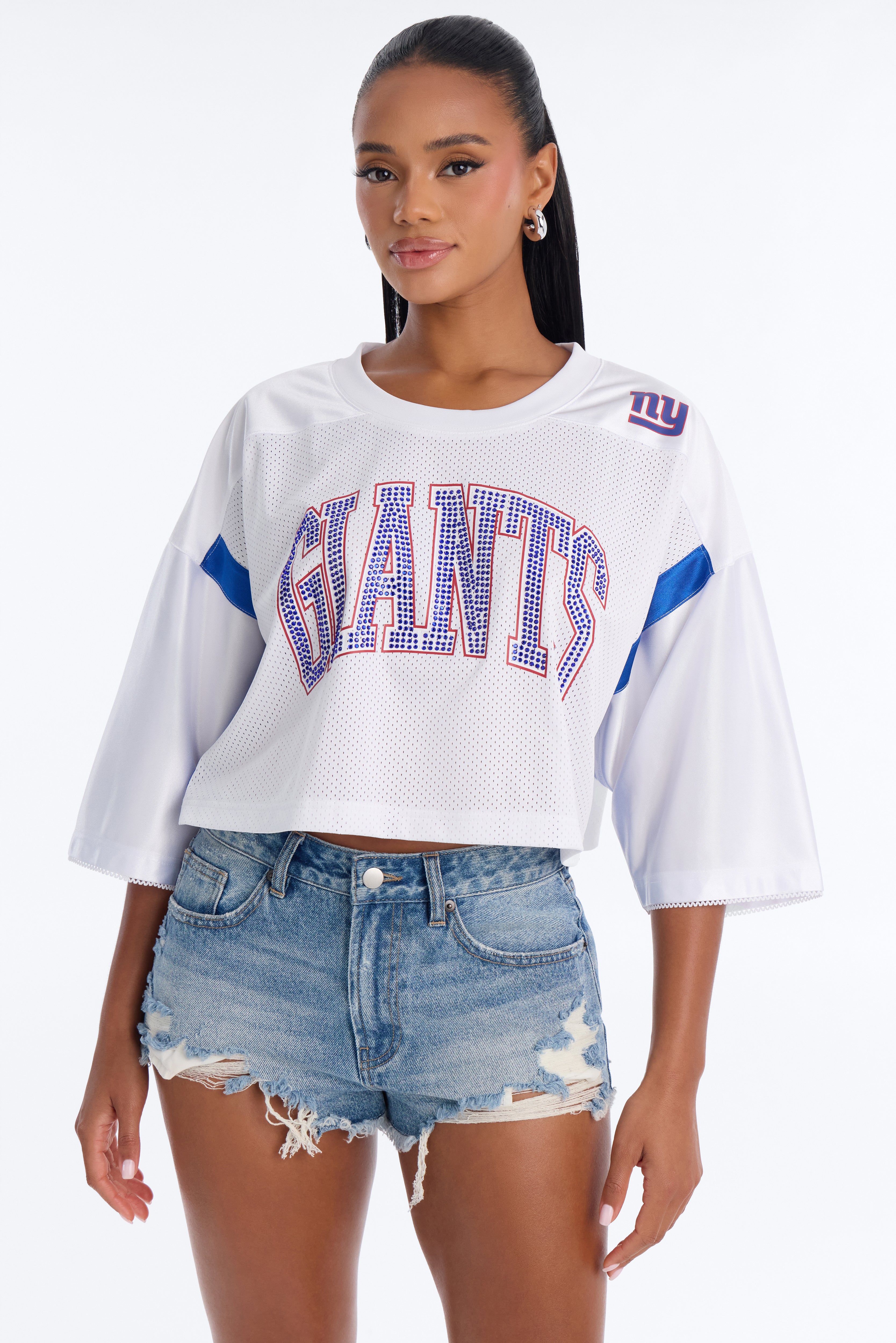 NFL New York Giants Rhinestone Cropped Top - White