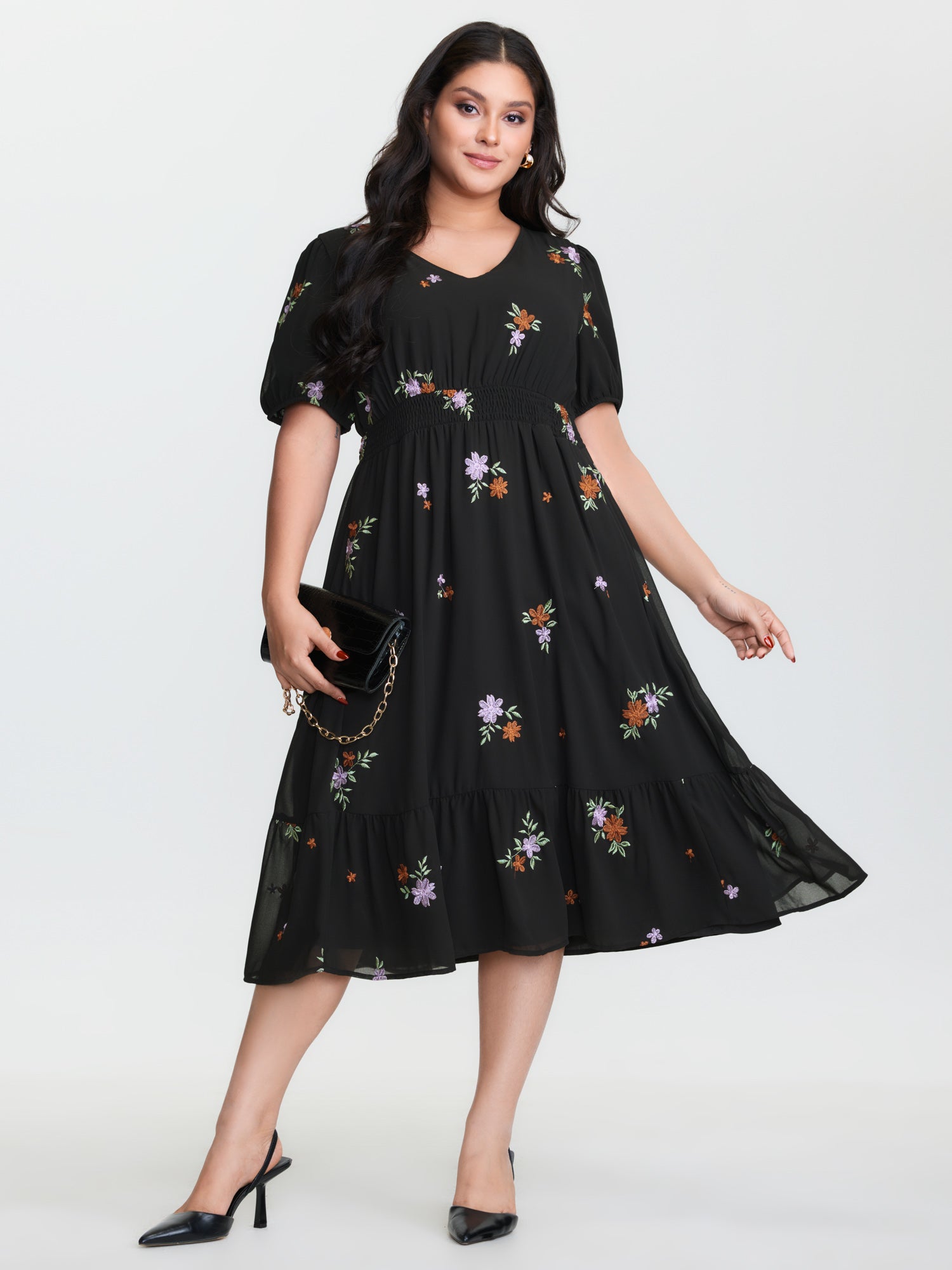 Floral Embroidered Shirred Waist Midi Dress