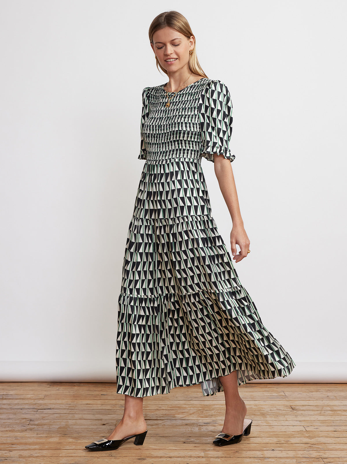 Gracie Shirred Green Tile Print Dress