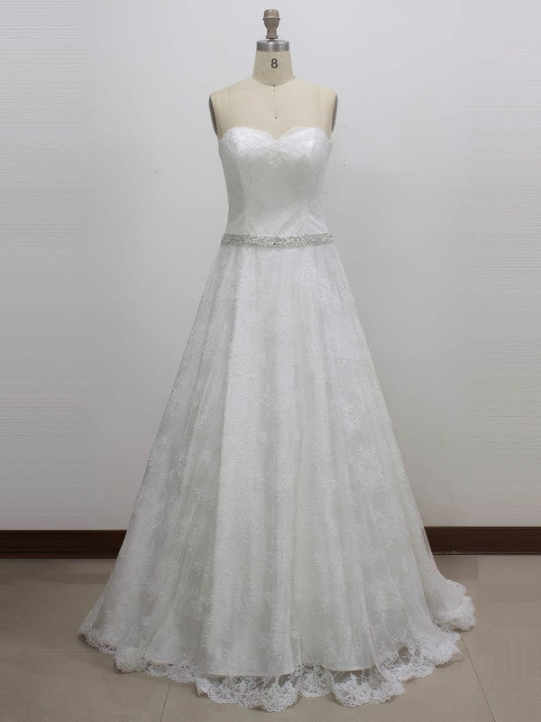 Deluxe Ball Gown Sweetheart Lace Sweep Train Wedding Dresses with Sash