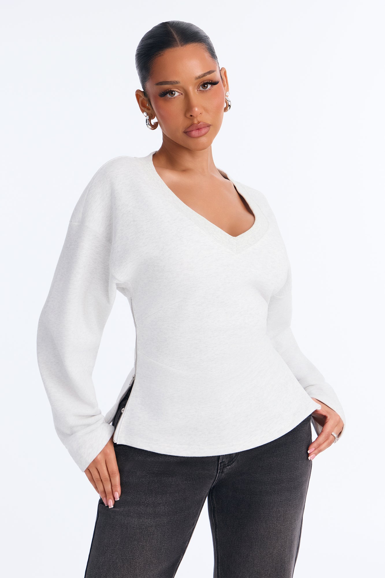 Sadie Side Zipper Crew Neck Sweatshirt - Grey