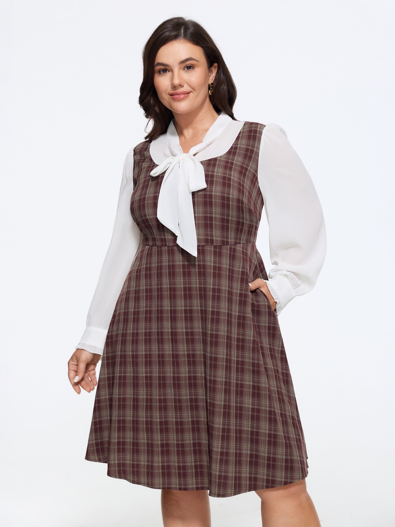 Vintage Plaid Bow Tie Neck Patchwork Mini Dress