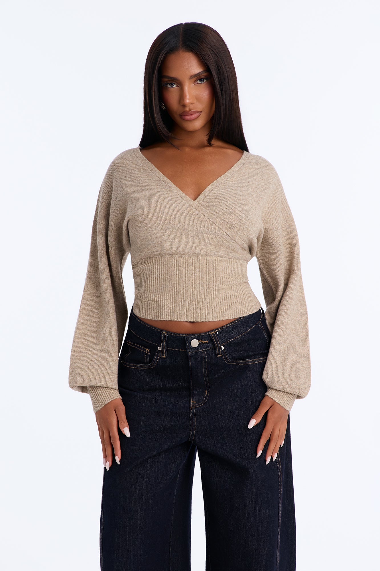 Madalyn Surplice Neck Long Sleeve Sweater - Taupe