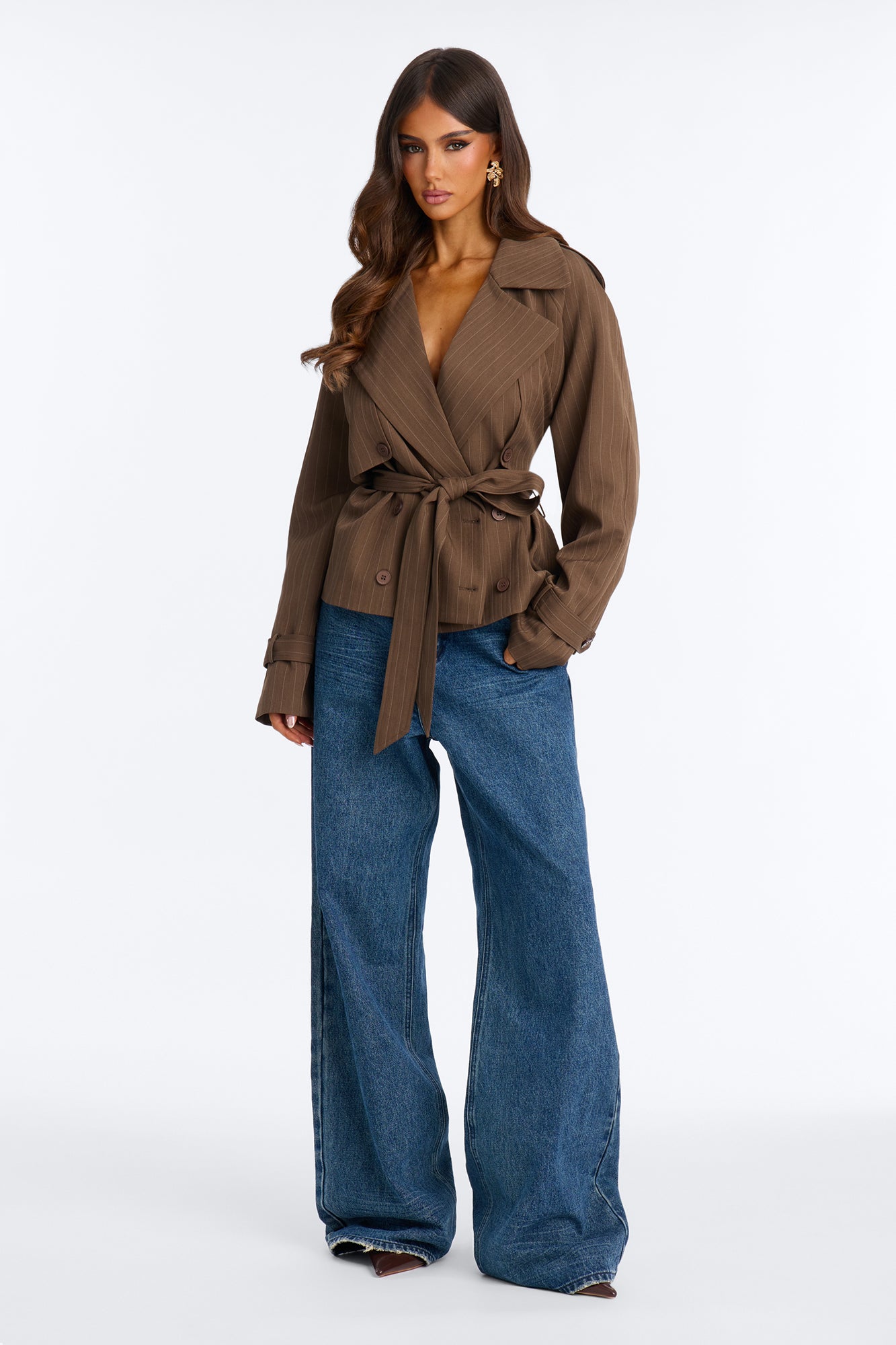 Poppy Pinstripe Belted Trench Jacket - Brown