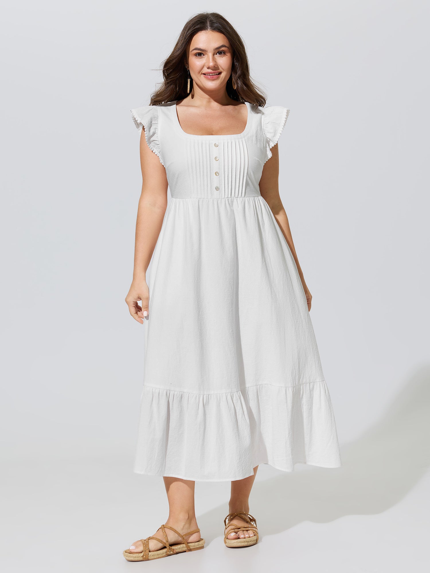 Cotton Ruffled Cap Sleeve Pleated Midi Dress