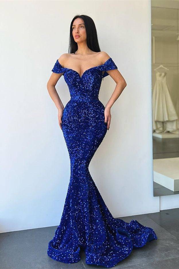Royal Blue Off-The-Shoulder Sweetheart Evening Dress Mermaid With Sequins