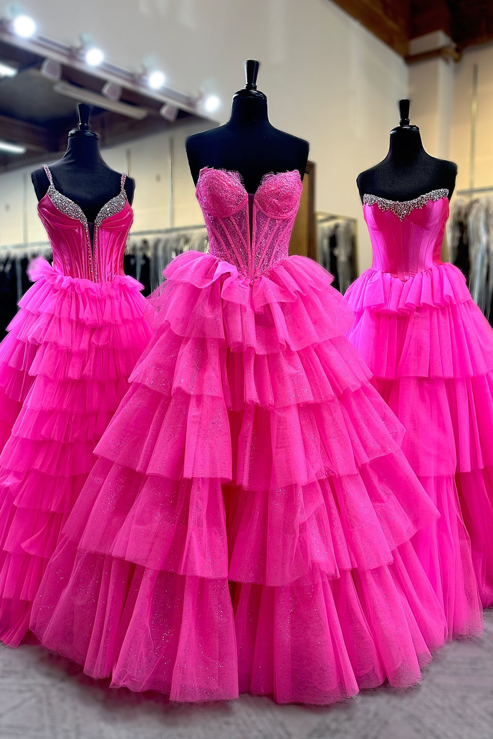 Long Tiered Corset Prom Dress in Fuchsia with Sweetheart Princess Tulle and Appliques