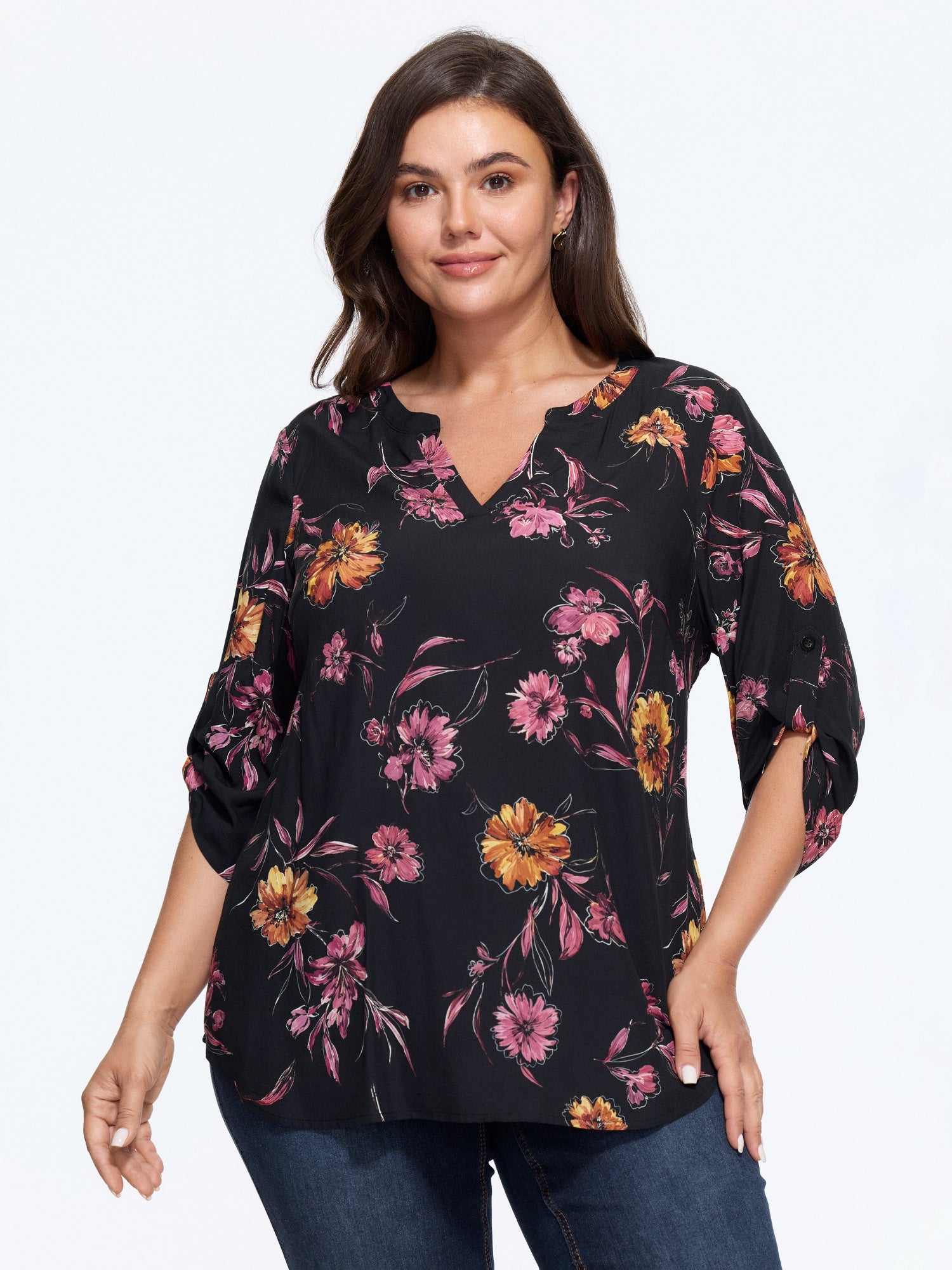 Vintage Floral Print Roll Tab Sleeve Blouse