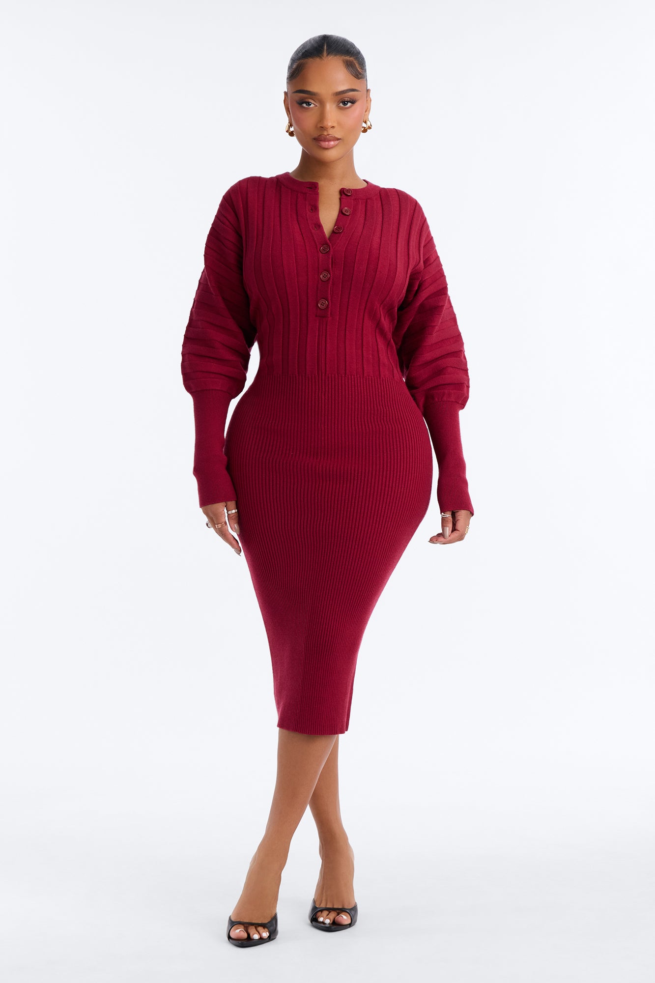 Natalie Button Up Sweater Midi Dress - Wine
