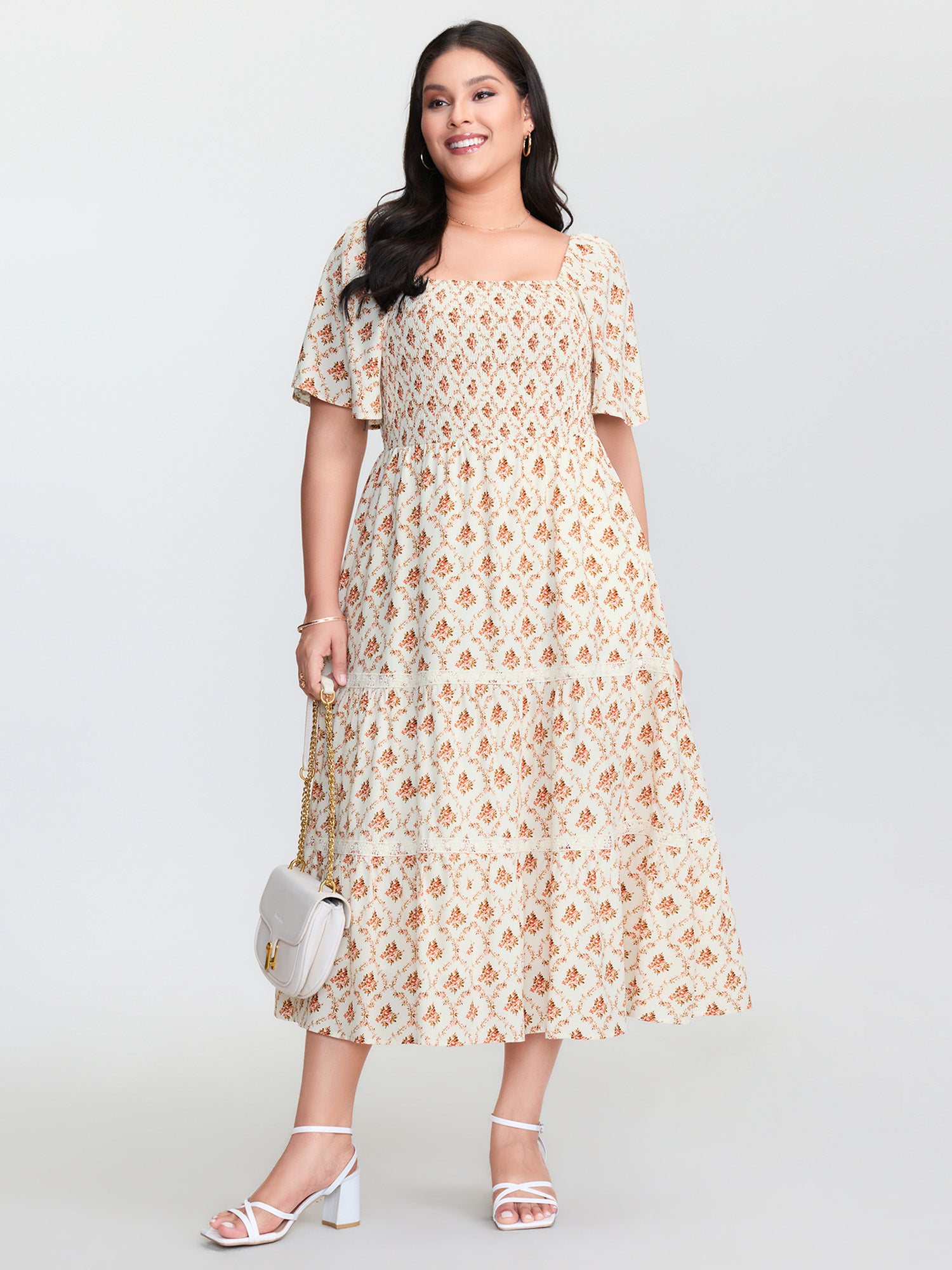 Floral Print Shirred Bodice Midi Dress